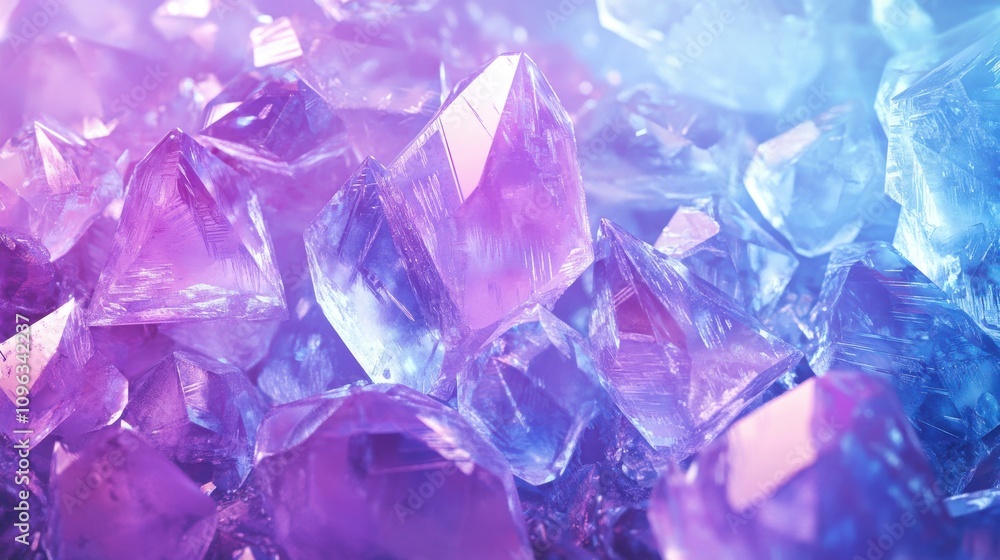 A stunning assortment of shimmering purple and blue crystals gleaming under soft ambient light. A stunning assortment of shimmering purple and blue crystals gleaming under soft ambient light.