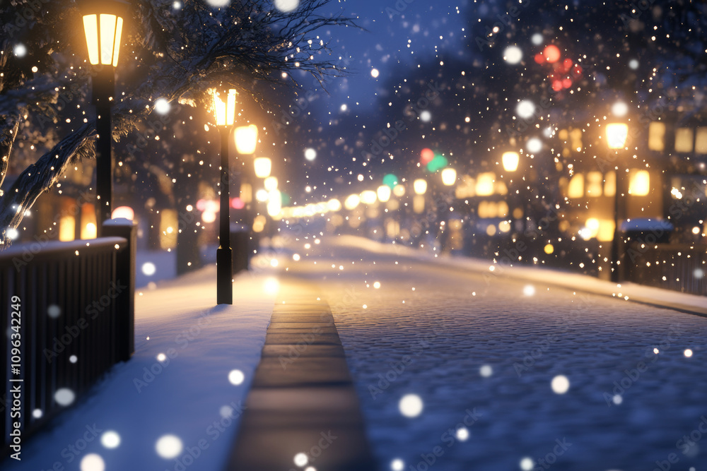 Snowy street with festive lights and gentle snowfall at night. Snowy street with festive lights and gentle snowfall at night.
