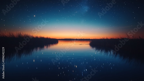 A tranquil lake reflecting the vibrant hues of a sunset and a starry sky.