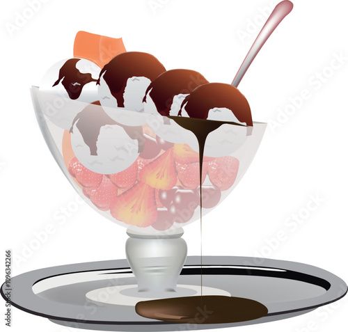 Vanilla ice cream sundae dripping with chocolate sauce and fruit in glass bowl