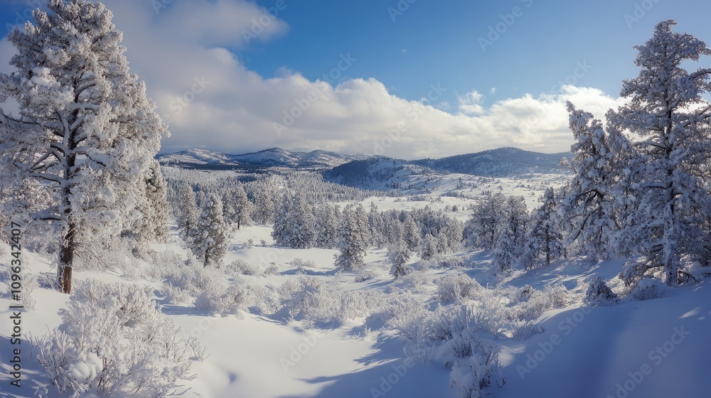 Fototapeta premium A snowy winter landscape with white trees and a serene, undisturbed blanket of snow.