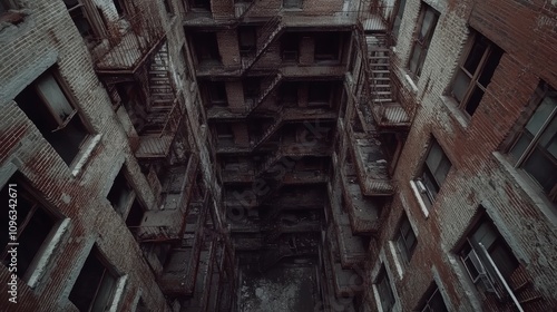 A view from above of a crumbling, dilapidated apartment building in an urban area. The fire escapes are rusted and the windows are broken. The building is in a state of disrepair.