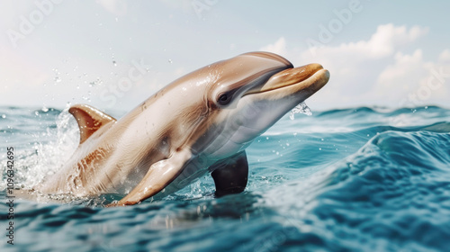 Playful dolphin jumping over breaking waves in Pacific Ocean wildlife with blue sky scenery. Marine life of animals in natural habitat