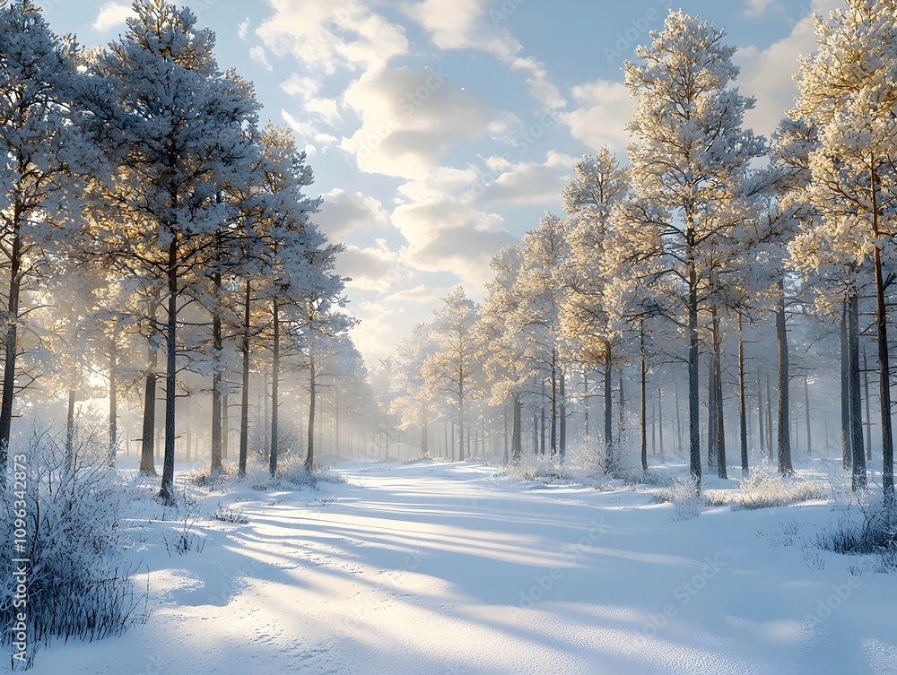 A tranquil winter scene featuring a sunlit snow-covered forest with tall pine trees casting long shadows, creating a serene and peaceful atmosphere. A tranquil winter scene featuring a sunlit snow-covered forest with tall pine trees casting long shadows, creating a serene and peaceful atmosphere.