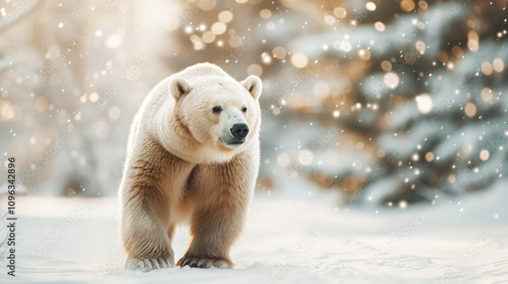 Polar bear walking on snow ground with snowflake in sparkle light and glitter bokeh decorate on pine tree in forest on celebration christmas festival holiday