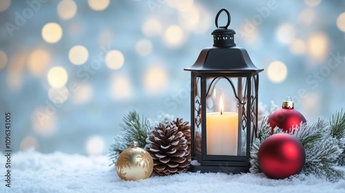 Detailed Christmas lantern with natural decorations in the snow
