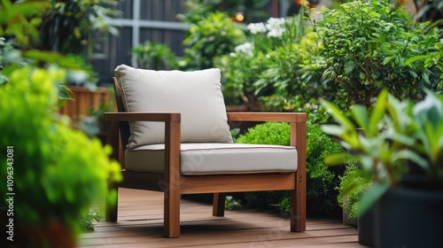 Elegant wooden chair with soft cushions, perfect for outdoor comfort, surrounded by lush greenery and vibrant plants in a serene garden setting.