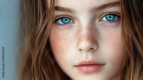 Close-up portrait of a young model showcasing clear skin and blue eyes, highlighting adolescent skincare products in a natural setting.