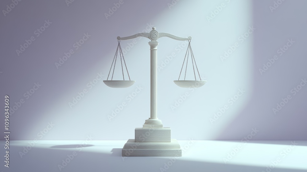 A white scale of justice on a white pedestal against a light purple background. A white scale of justice on a white pedestal against a light purple background.