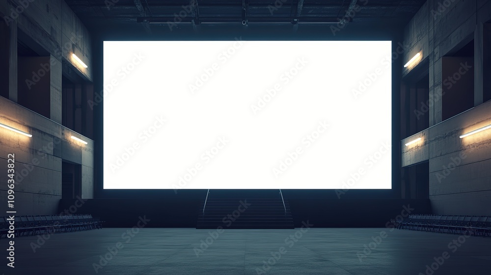 Perspective view of a big blank illuminated screen is presented in this 3D rendering, featuring space for text or logo in an empty hall with a stage and stairway. Cinema screen mockup, 4k Resolution Perspective view of a big blank illuminated screen is presented in this 3D rendering, featuring space for text or logo in an empty hall with a stage and stairway. Cinema screen mockup, 4k Resolution