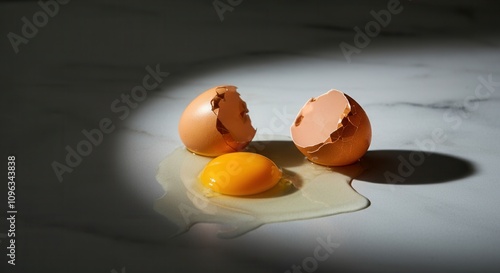 Sunlit cracked eggshells spilled yolk on marble surface photo