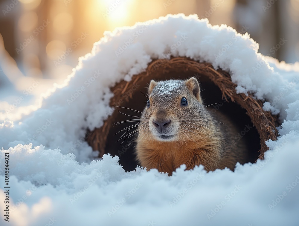 Obraz premium Groundhog sheltering in a snow-covered burrow. Peaceful winter landscape with furry forecaster