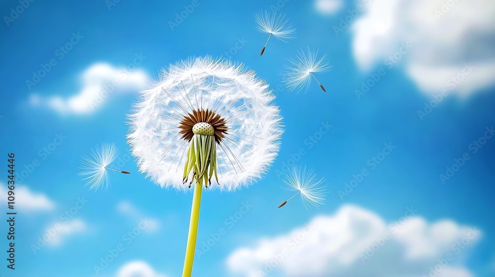 A beautiful dandelion flower against a clear blue sky, showcasing its delicate seeds ready to disperse. A beautiful dandelion flower against a clear blue sky, showcasing its delicate seeds ready to disperse.