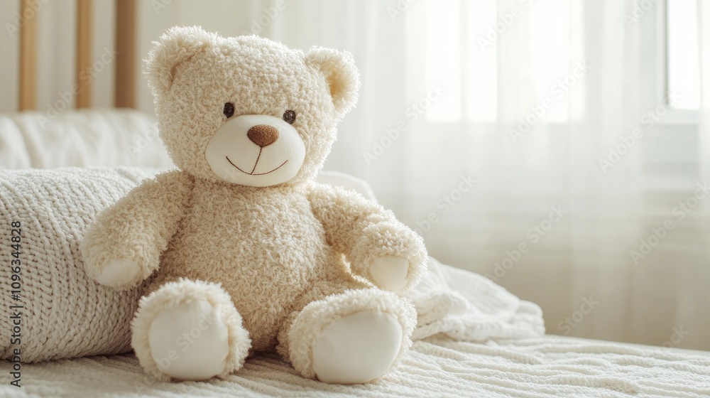 Charming baby bedroom mockup showcasing a plush teddy bear, ideal for birth announcements, invitations, and greeting cards with a soft, inviting background. Charming baby bedroom mockup showcasing a plush teddy bear, ideal for birth announcements, invitations, and greeting cards with a soft, inviting background.