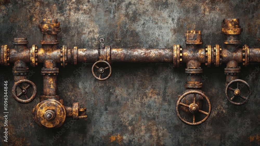 Close-up of rusty industrial pipes and valves against a weathered metal background. Close-up of rusty industrial pipes and valves against a weathered metal background.