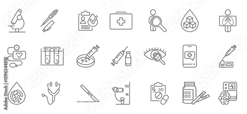 Wallpaper Mural Clinical study, trials line icon set. Comparison group, test person,syringe, pills, microscope,test tubes, dna, test, prescription, Rh factor, blood vector illustration. Torontodigital.ca