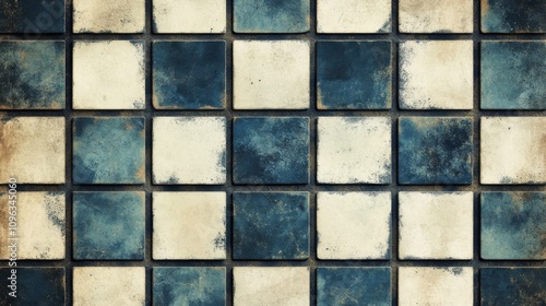 A textured pattern of blue and cream tiles featuring an aged, weathered look.