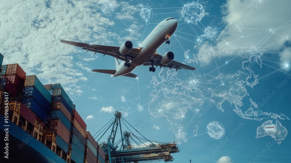 Fototapeta premium Airplane flying over cargo containers and a map of the world with connected lines representing global trade.