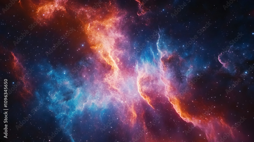 Naklejka premium Seamless Celestial Nebula Pattern Background Featuring Deep Space Vibrant Colors of Red, Blue, and Purple