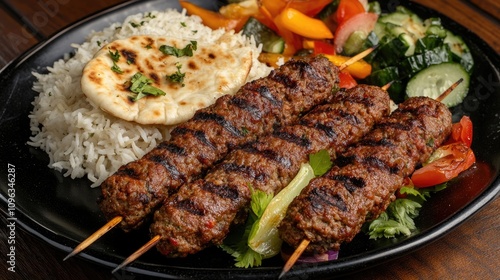 Spiced grilled kofta kebabs on skewers beside fragrant rice, warm pita bread, and a colorful assortment of fresh vegetables on a dark plate.