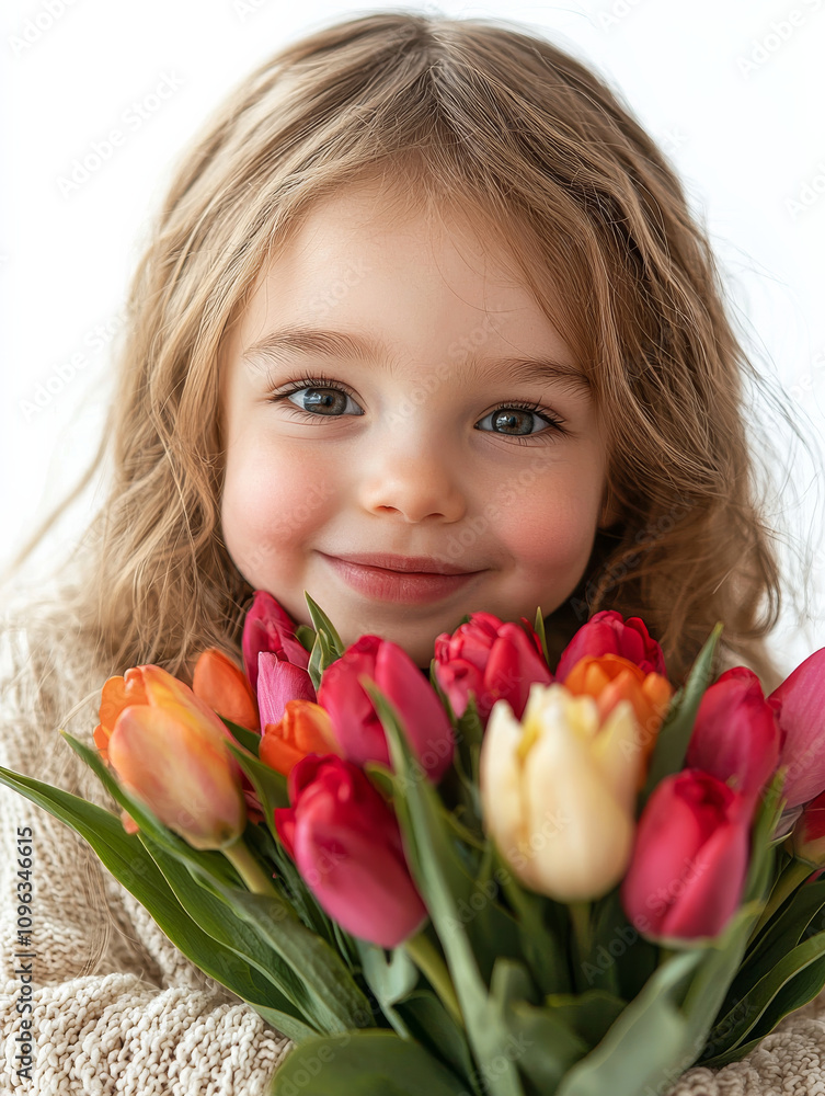 Mother's day Smiling child holding colorful tulips, expressing joy and love. Perfect for Mother Day or appreciation moments, isolated on white background, upper body fully visible Mother's day Smiling child holding colorful tulips, expressing joy and love. Perfect for Mother Day or appreciation moments, isolated on white background, upper body fully visible