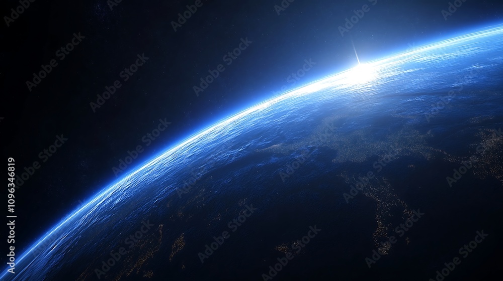 Fototapeta premium Panoramic view of Earth’s surface from orbit. Illuminated city lights, scattered clouds