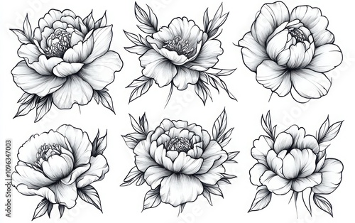 Fototapeta Naklejka Na Ścianę i Meble -  A collection of hand-drawn peonies in a vintage tattoo art style, featuring delicate monochrome black-and-white illustrations with intricate petal details, isolated on a clean white background