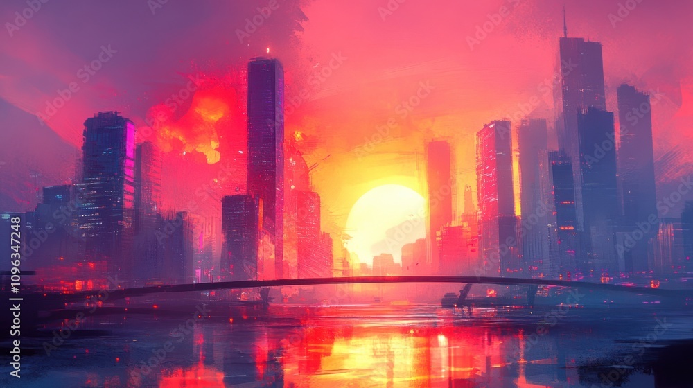 Obraz premium Futuristic cityscape with vibrant sunset and bridge reflecting city lights on river.