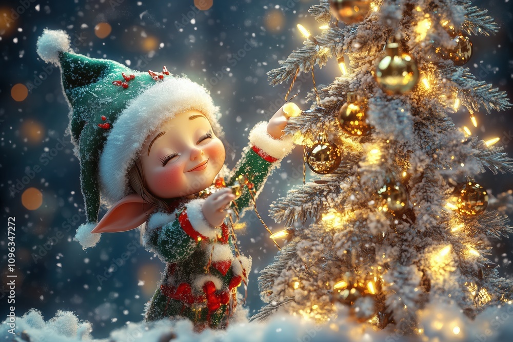 Holiday scene with an elf and snowy landscape Holiday scene with an elf and snowy landscape