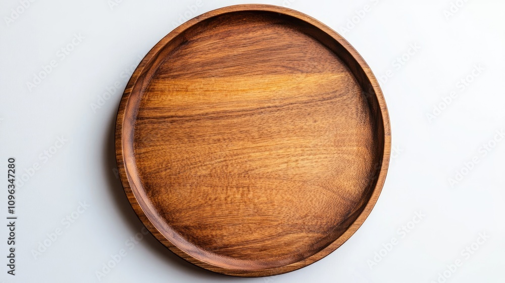 Aerial view of a circular wooden serving tray showcasing rich, warm tones and a smooth finish, set against a minimalist plain white background for a clean presentation. Aerial view of a circular wooden serving tray showcasing rich, warm tones and a smooth finish, set against a minimalist plain white background for a clean presentation.
