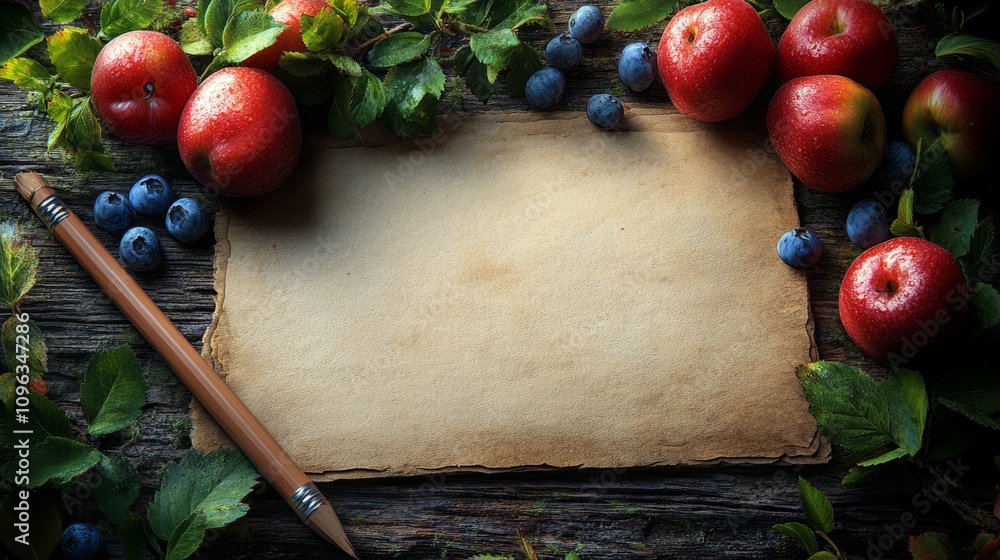 Blank parchment paper with red apples, blueberries and pencil on wooden background. Blank parchment paper with red apples, blueberries and pencil on wooden background.