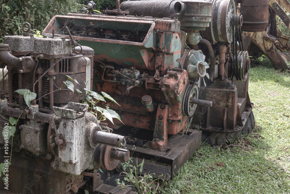 Broken and rustic machine left over in abandon. Old machine made of steel and used in the mining industry, Rusty metal old machine in abandoned outdoor, Copy space, Selective focus. Broken and rustic machine left over in abandon. Old machine made of steel and used in the mining industry, Rusty metal old machine in abandoned outdoor, Copy space, Selective focus.