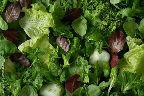 Fresh green salad mix featuring various types of lettuce and leafy greens on a wooden surface