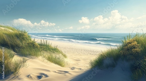 Scenic coastal land with sandy beaches and rolling dunes, creating a tranquil seaside view