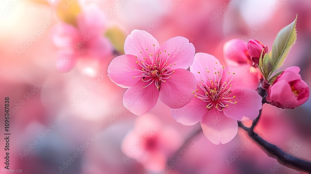 Close-up of delicate pink blossoms on a branch, bathed in soft sunlight, with a blurred background of more blossoms. Close-up of delicate pink blossoms on a branch, bathed in soft sunlight, with a blurred background of more blossoms.