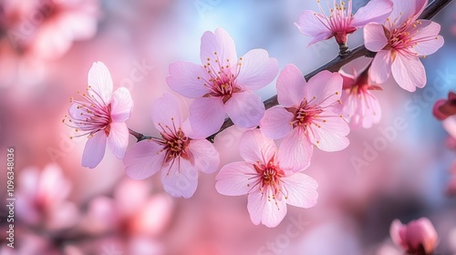 Close-up of delicate pink cherry blossoms on a branch, soft focus background.