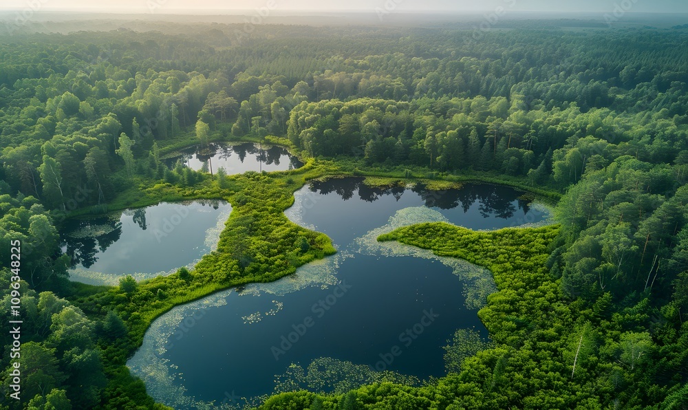 Ecosystem Diversity, Aerial image capturing a diverse forest area, with visible clearings, dense patches, and water bodies Ecosystem Diversity, Aerial image capturing a diverse forest area, with visible clearings, dense patches, and water bodies
