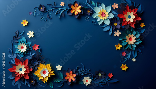 Multicolored paper cut flowers with colorful leaves, copy space on blue background
