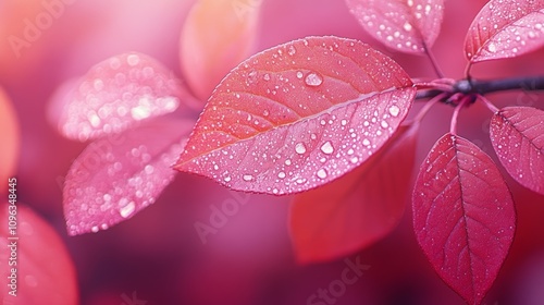 Close-up of dew drops on red autumn leaves with blurred background.