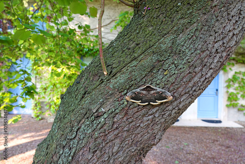 Closeup on the Giant or Great Peacock Emperor moth, Saturnia pyri sitting on a tree trunk by day photo