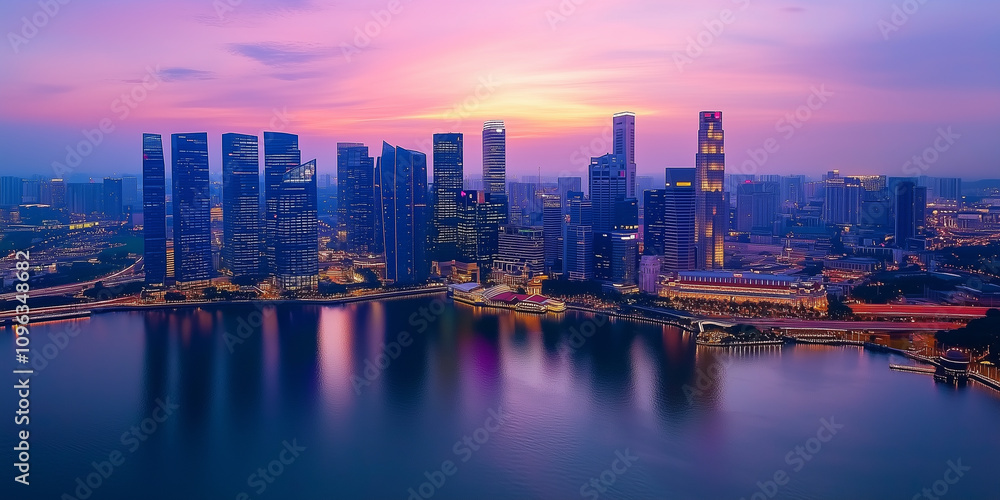 Fototapeta premium Modern City Skyline with Office Buildings and Drone View at Sunset