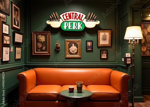 The popular TV show Friends features a coffee shop called Central Perk, a hangout spot with an iconic orange couch and quirky decorations. photo