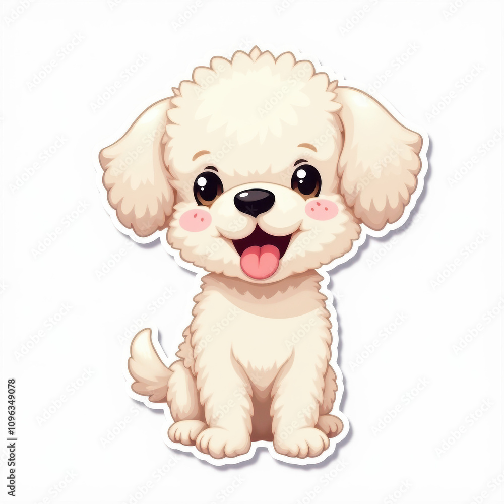 Bichon Frise puppy sticker design, cheerful expression, sitting pose, white background Bichon Frise puppy sticker design, cheerful expression, sitting pose, white background