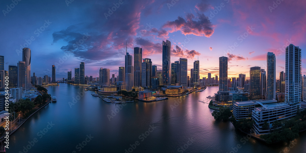 Fototapeta premium Modern City Skyline with Office Buildings and Drone View at Sunset