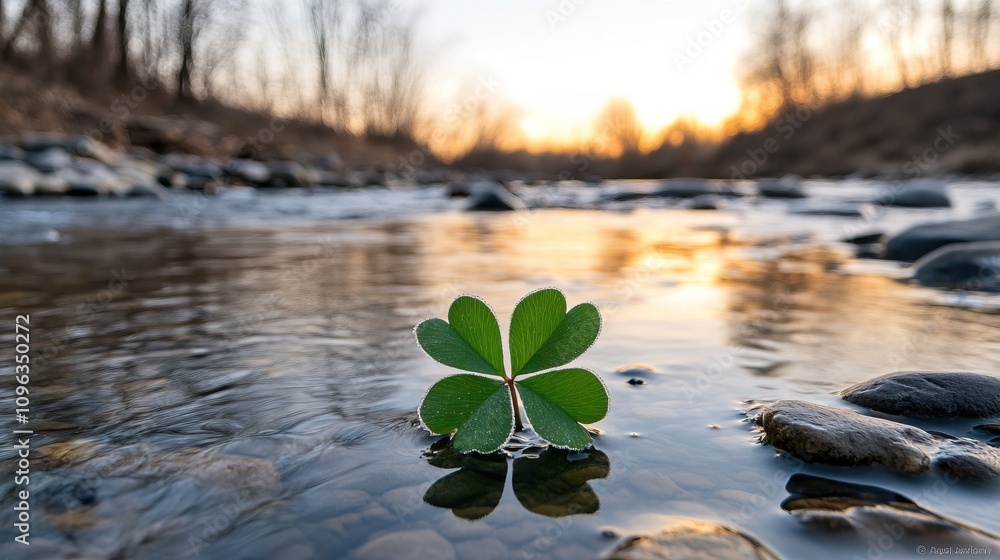 Obraz premium A serene image of a four-leaf clover resting on water, surrounded by rocks and trees, with a warm sunset in the background.