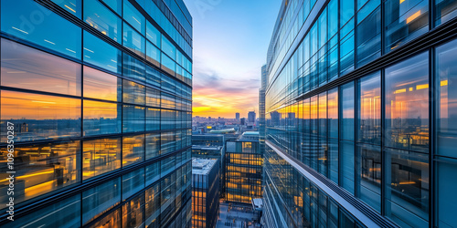 Modern City Skyline with Office Buildings and Drone View at Sunset