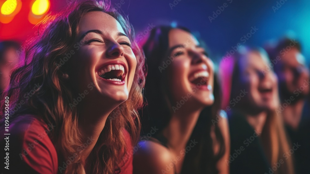 Joyful Friends Sharing Laughter Together in a Vibrant Atmosphere During a Night Out at a Concert or Comedy Show with Colorful Stage Lights Joyful Friends Sharing Laughter Together in a Vibrant Atmosphere During a Night Out at a Concert or Comedy Show with Colorful Stage Lights