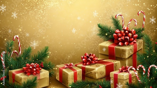 Elegant Christmas gifts with red bows and greenery