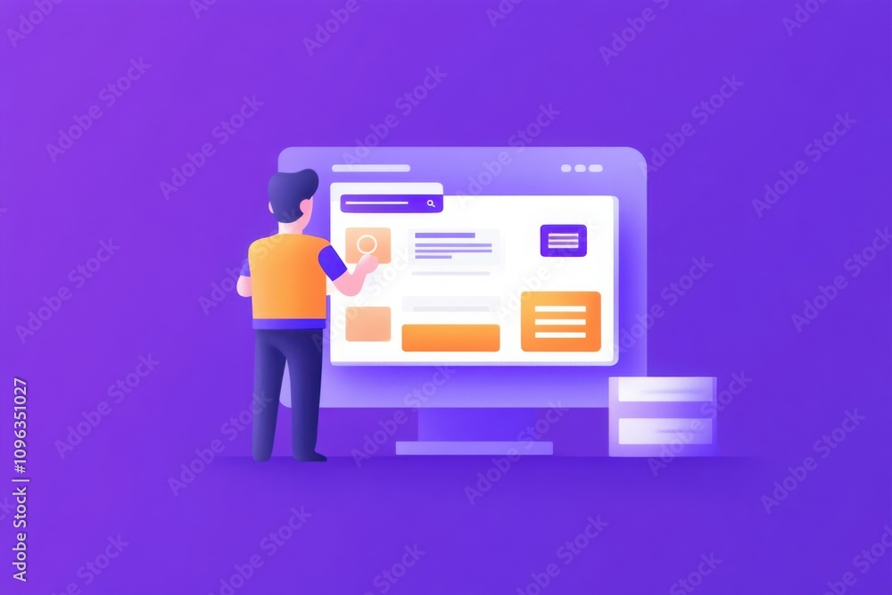Register sign up interface. A digital illustration of a person interacting with a computer screen, showcasing a user interface design against a vibrant purple background. Register sign up interface. A digital illustration of a person interacting with a computer screen, showcasing a user interface design against a vibrant purple background.