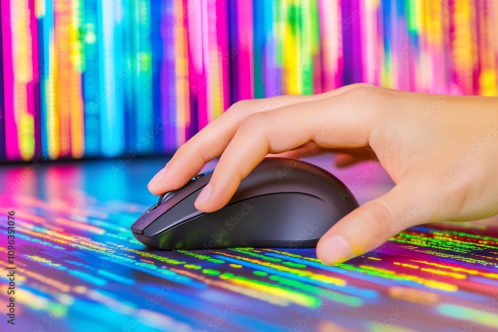 A hand using a computer mouse on a colorful, data-themed background. A hand using a computer mouse on a colorful, data-themed background.